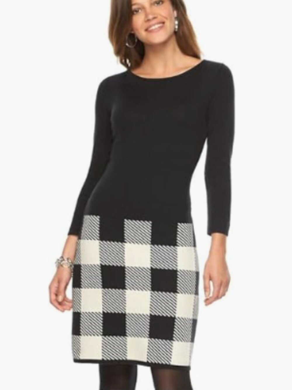 Chaps Women's Size Small Checker Plaid Sweater Dress Black Peak Cream Boatneck